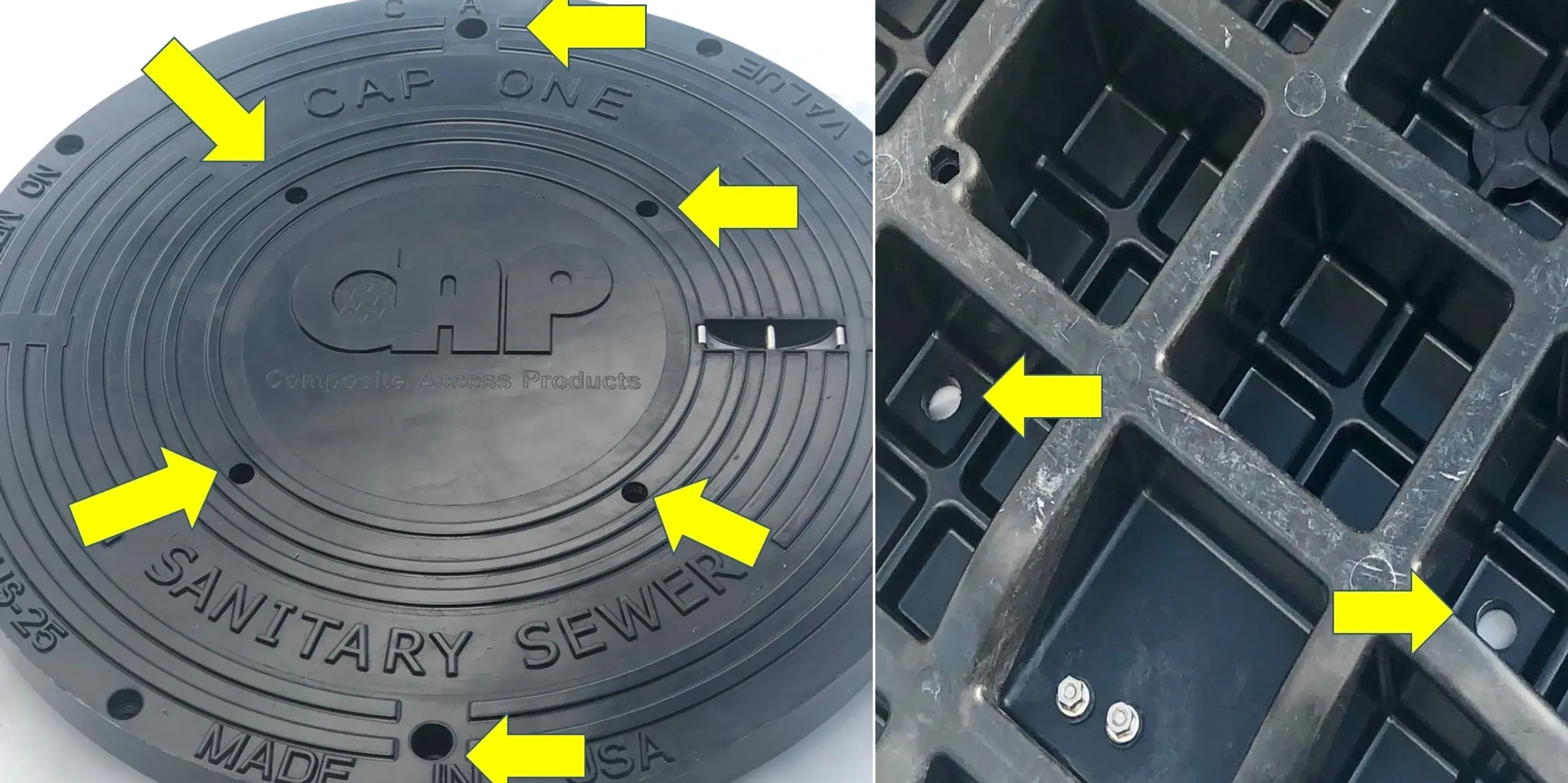 Manhole cover featuring the letters "CHP" prominently displayed on its top and bottom surfaces.